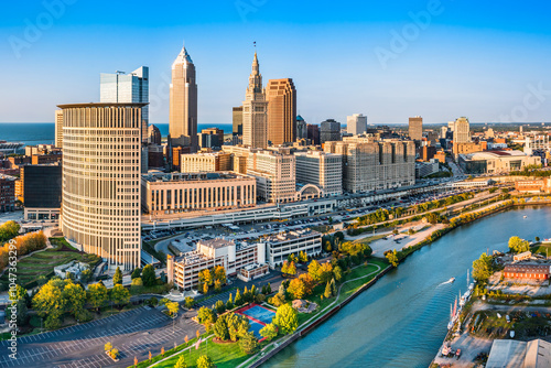 Aerial view of Cleveland, Ohio skyline at sunset. Cleveland is a major city in the U.S. state of Ohio and the county seat of Cuyahoga County.