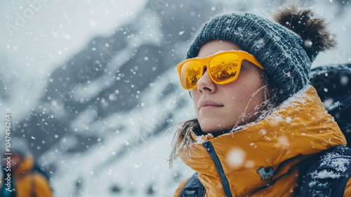 Portrait of a woman in sunglasses against the background of snowy mountains. Winter holidays and vacations concept