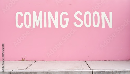 Bright pink wall with 'coming soon' text painted clearly, indicating an upcoming business or event in the urban neighborhood