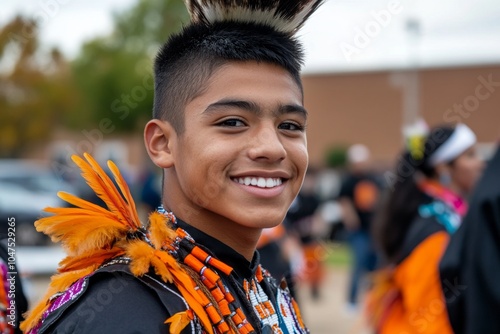 A Native American powwow with people in traditional regalia dancing to the beat of drums and chanting, celebrating heritage and spirituality, symbolizing the strength of indigenous culture