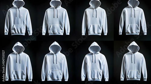 A collection of white hoodies displayed in various orientations against a dark background.