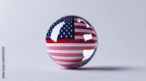 A digital rendering of the American continent with a reflective surface, mirroring the American flag behind it for a dynamic, modern effect.