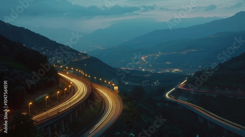 The tranquil stillness of the mountain landscape is disrupted by the glowing trails of car lights on the elevated highways above.