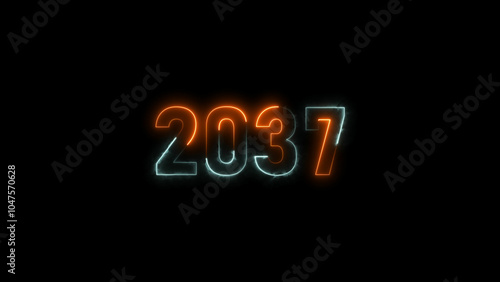  2037 neon glowing cyan and orange color animation. abstract glowing neon text icon 2037 on black background.