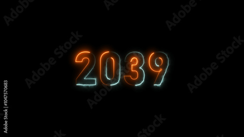  2039 neon glowing cyan and orange color animation. abstract glowing neon text icon 2039 on black background.