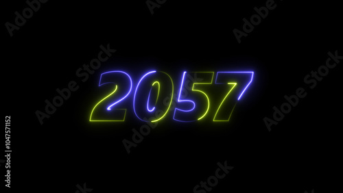  2057 neon glowing blue and green color animation. abstract glowing neon text icon 2057 on black background.