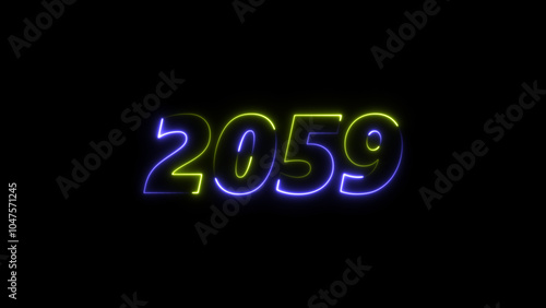  2059 neon glowing blue and green color animation. abstract glowing neon text icon 2059 on black background.