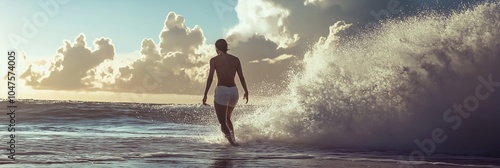 A silhouette of a person on the beach with waves crashing under a dramatic sunset sky, highlighting serenity.