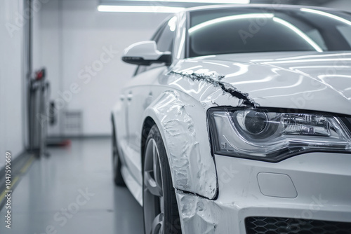 Close up of damaged white car showcasing dented fender and sleek design, highlighting contrast between its pristine color and visible wear