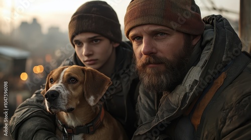 A bearded man and a young boy wearing winter clothes share a moment with their dog in a dramatic setting, culminating a sense of warmth amidst adversity.