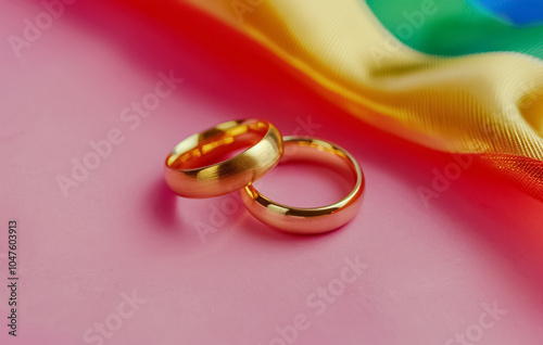 two golden wedding rings on rainbow lgbt background, gay and lgbtq marriage concept, equality, human rights, tolerance and acceptance