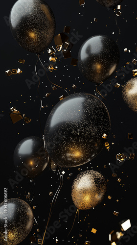 Eleganter schwarzer Hintergrund mit schwebenden, glänzenden schwarzen Ballons. Verstreuter goldener Glitzerstaub sorgt für festliche Akzente. Luxuriöse Atmosphäre für Black Friday & Silvester Events