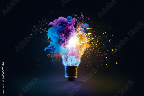 Creative light bulb explodes with colorful dry paint, sparks and splashes on a black background, concept. Think differently creative idea concept. Motion Color drop in water, Ink swirling