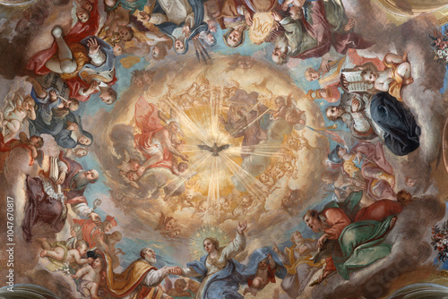  ASTI, ITALY - SEPTEMBER 11, 2024: The central part of fresco in cupola (Holy Trinity among the saints) in the church Chiesa di San Paolo by Carlo Gorzio (1762 - 1794)