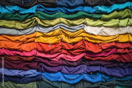 A stack of folded clothes in various colors.