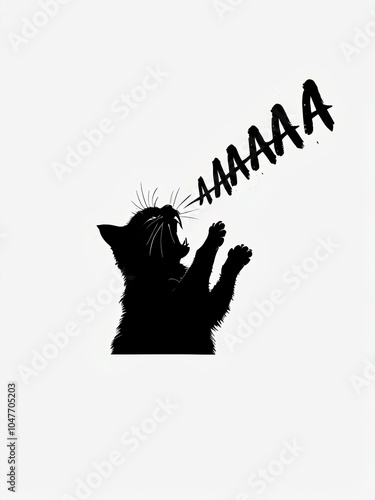 A humorous black silhouette of a cat raising its paws while shouting AAAAA n bold text