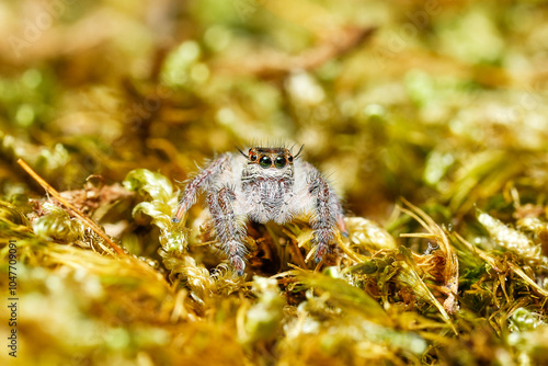 Hyllus diardi jumping spider, salticidae animal arachnid family jumping web spider. Hyllus diardi arachnoid yellow spider macro photography.