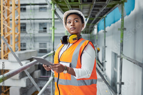 Black woman, tablet and construction for engineering, thinking and site assessment with floor plan. Architect, tech and contractor vision for project management, building development and renovation