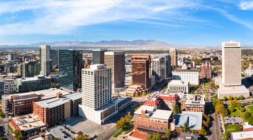 Aerial view of Salt Lake City, Utah skyline. SLC is the capital and most populous city of the U.S. state of Utah and the county seat of Salt Lake County