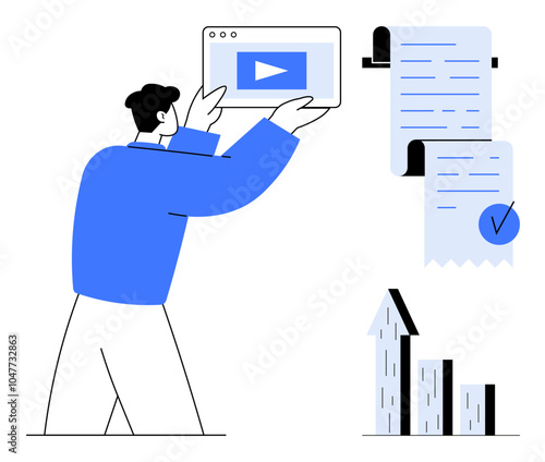 Man presenting a video on a tablet while a document with a checkmark and a bar graph with an upward arrow show business progress. Ideal for business, marketing, corporate reports, training