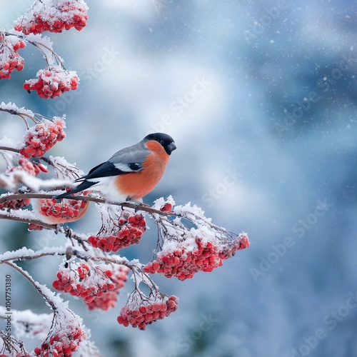 bullfinches perched on a snow covered rowan branch surrounded by red berries and falling snowflakes capturing the serene beauty of winter winter christmas background