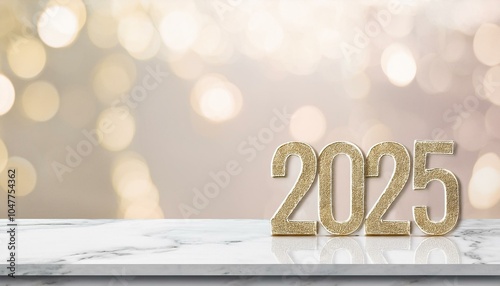 happy new year 2025 on marble table with pale soft bokeh wall banner for display or montage of product for holiday promotion and advertise for online content