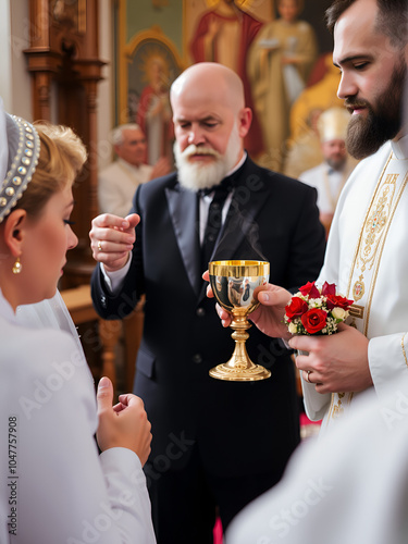 Wedding ceremony in orthodox Church. Priest is holding a golden cup of wine. Details of ritual. Russia.