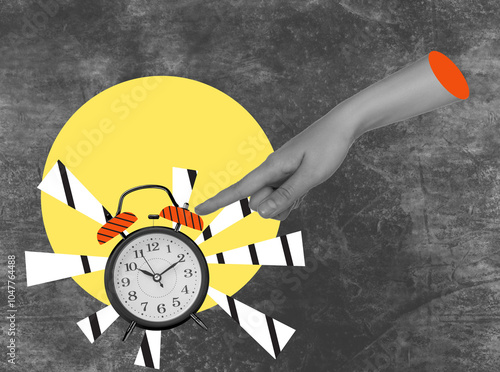 Female hand pointing at alarm clock on color background. Time management, creative collage