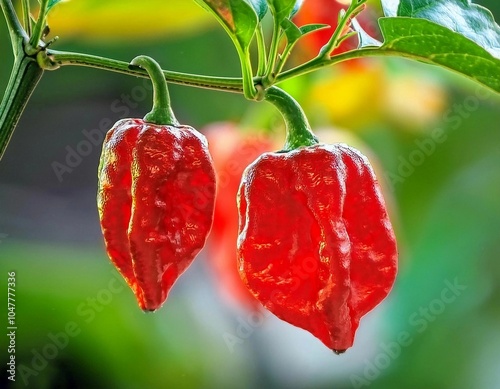 Carolina Reaper chili pepper fruits on tree branch with plantation background. is a cultivar of the Capsicum chinense plant. Developed by American breeder Ed Currie, It was the hottest chili pepper 