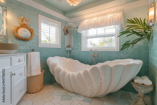 Coastal Bathroom Adorned with Seashell-Shaped Tub and Beachy Decor for a Refreshing and Ocean-Inspired Bathing Oasis