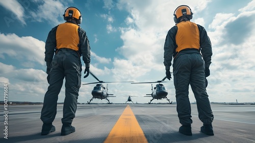 Technicians meticulously inspect and maintain multiple helicopters parked on the wide open airstrip with the aircraft s rotors and fuselage visible in the expansive outdoor setting