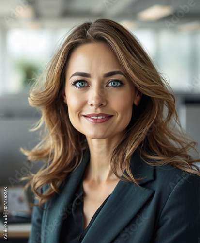 woman in her 40s with wavy hair and smile, gabardine blazer, technical manager, natural sunlight, far away background