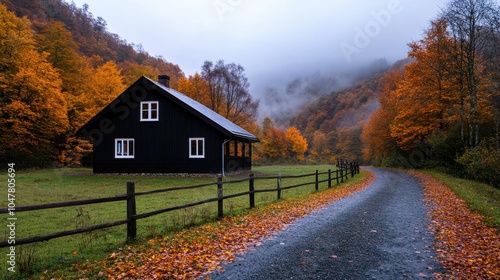 A black house stands boldly at the edge of a colorful forest, surrounded by autumn leaves, with a misty, mysterious background in a tranquil rural setting.