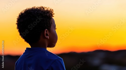 A child with curly hair gazes at a vivid orange sunset sky, embodying the wonder and innocence of youth in a serene outdoor setting, silhouetted beautifully.