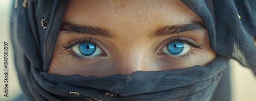 Close-up portrait of a woman with piercing blue eyes, wearing a gray hijab, captivating gaze.