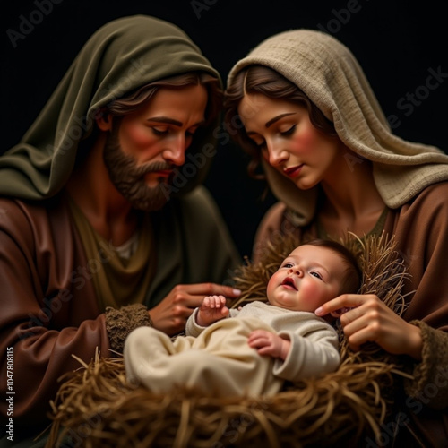 Retrato figuras de belén navideño cristiano Jesús en el pesebre junto a la virgen Maria y a San José