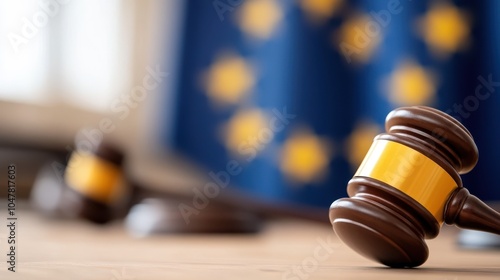 A gavel lies on a desk near the European Union flag indoors, representing justice and legal proceedings within the European community and its various institutions.