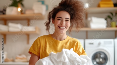 A laughing woman with a wild hairstyle, wearing a yellow T-shirt, is highlighted in a laundry room filled with folded towels and a washing machine in the background.