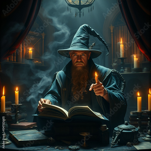 Mysterious sorcerer surrounded by ancient tomes, candles, and mystical artifacts in a dimly lit, velvet-draped chamber, evoking an atmosphere of esoteric knowledge and forbidden power.