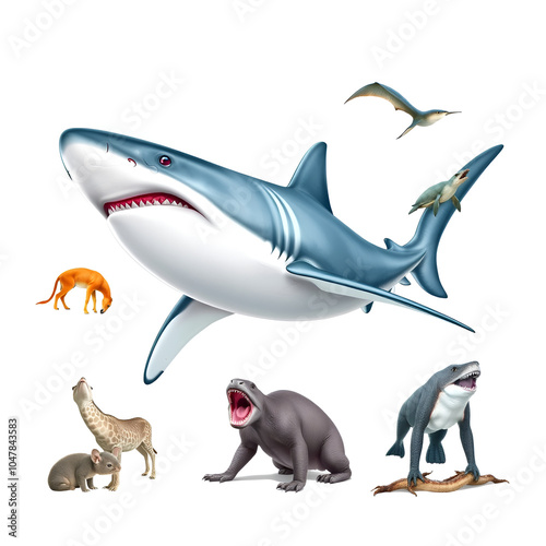 The Great White Shark - Carcharodon carcharias is a world's largest known extant predatory fish. Animals on white background.