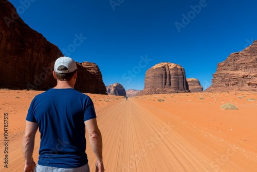 A man taking a walk in the desert, the vast landscape stretching out in every direction under a cloudless sky