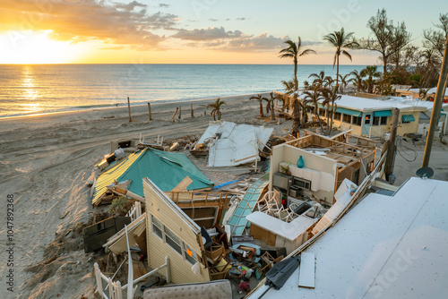 Destroyed house on ocean shore. Hurricane Milton consequences in Manasota Key, Florida. Storm surge severe damage.