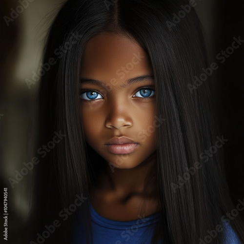 Portrait of a beautiful black girl with ice-blue eyes