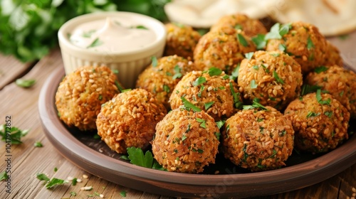 A plate of crispy falafel balls served with a tangy tahini sauce for dipping.