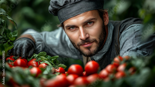 The Gardener's Passion: A young man, a dedicated grower, gazes intensely at his flourishing tomato plants, his hands calloused and proud.