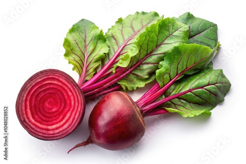 Aerial Photography of Isolated Fresh Beetroot with Leaves, Half Beetroot on White Background, Vibrant Red Color, Healthy Vegetables, Organic Food, Farm Produce, Culinary Ingredient, Fresh Produce