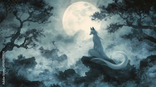 Ethereal nine-tailed fox, revered in japanese mythology, sits contemplatively amidst misty moonlit forest, its wispy. Nine-Tailed Fox. Illustration