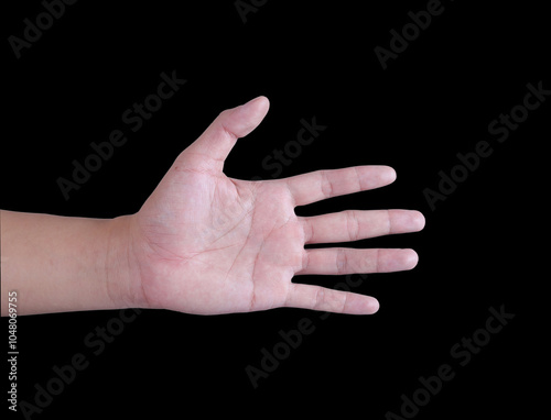  Isolated Asian man's five-finger raised hand on black background.มือ5นิ้ว