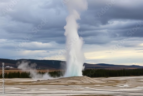 Geyser eruption momentarily forming a column like the number