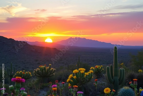 Sunset Over a Flowering Desert A vibrant sunset casting warm col